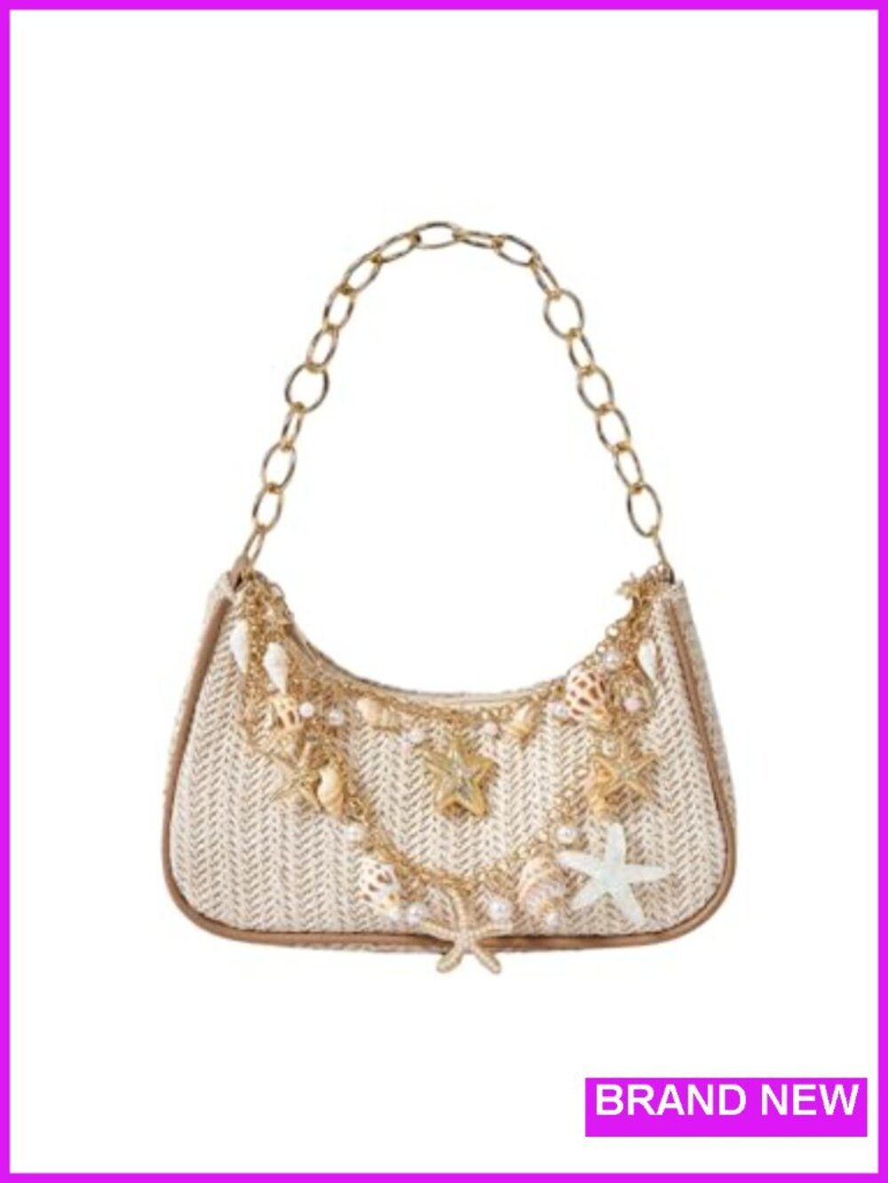 Straw Beach Purse Seashell Beaded Shoulder Handbag Summer Vacation Bag